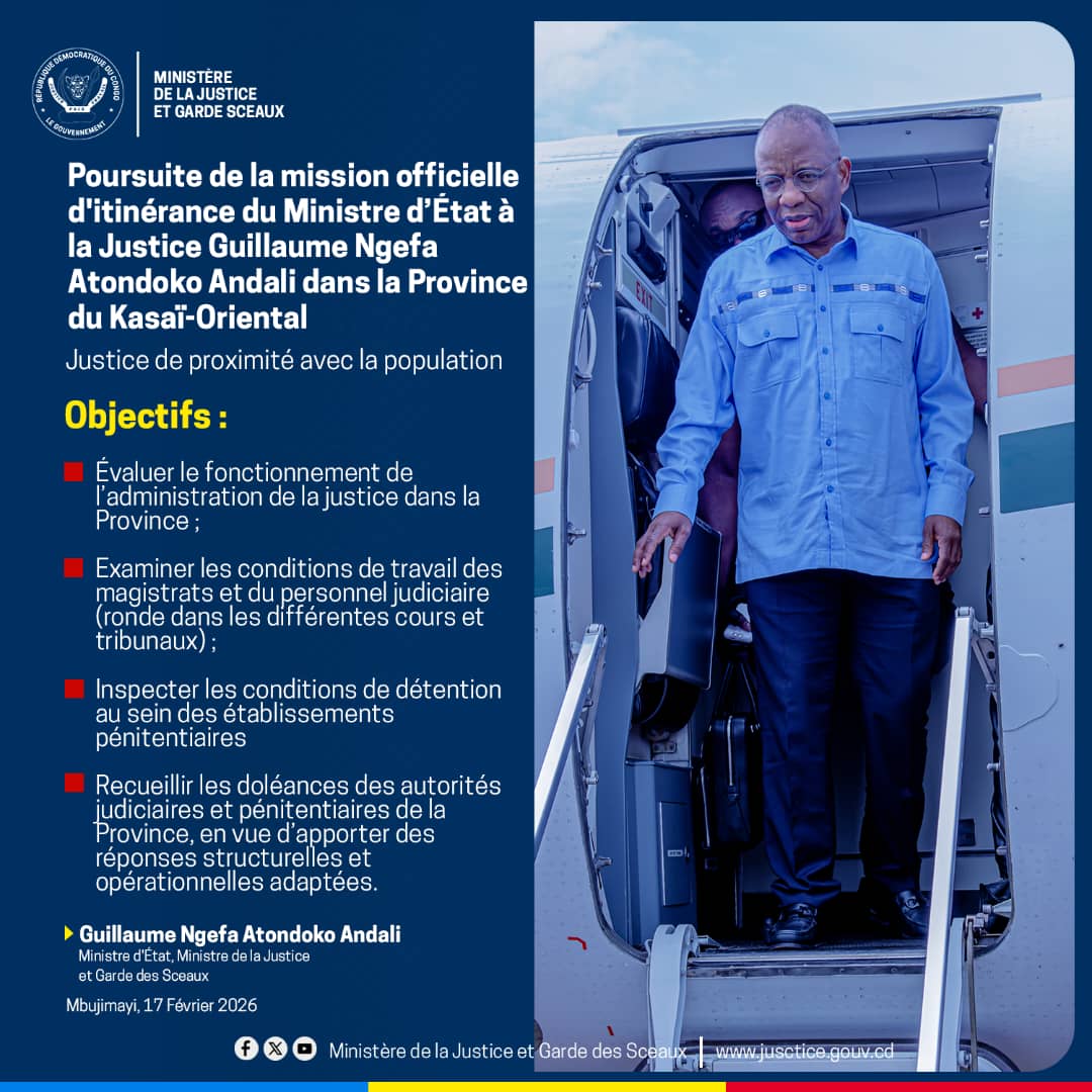Arrivée Ministre d'État Guillaume Ngefa à Mbujimayi au Kasai Oriental en mission officielle pour la justice de proximité et de périphérie